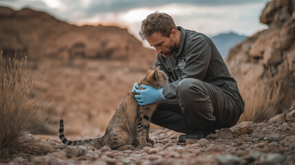 Vet with an anesthetized wild cat on desert terrain, rugged rocks in background