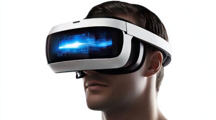 Man using virtual reality headset with glowing digital interface, white isolate background.