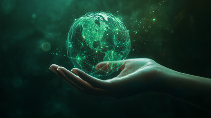 Green technology concept. Hand holding green digital earth.