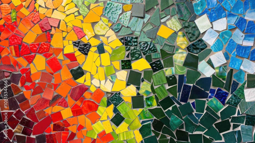Poster a vibrant mosaic representing diverse cultures, featuring interlocking pieces in various colors and 