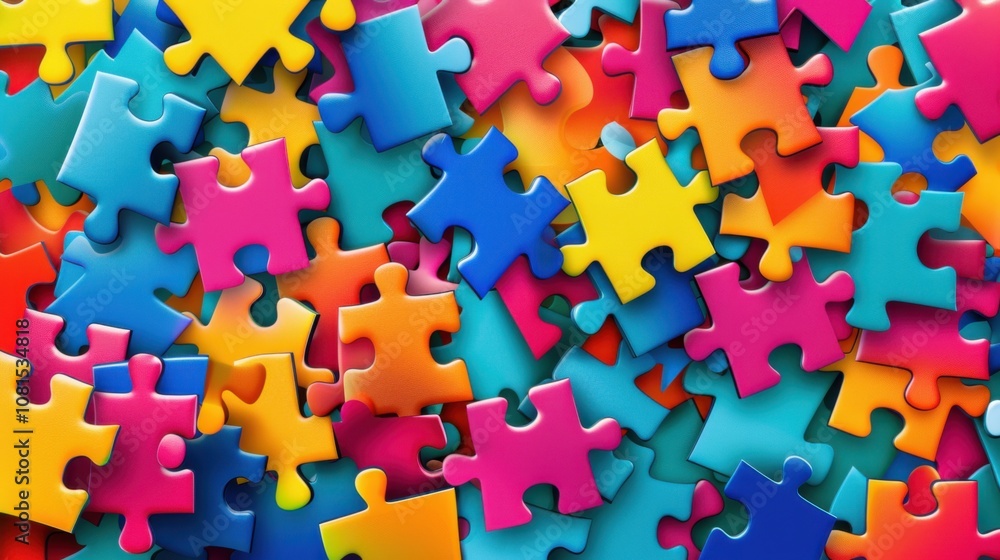 Poster A vibrant network of interconnected puzzle pieces with different colors and patterns, Symbolizing the intricate connections and diversity within a community, minimalist style