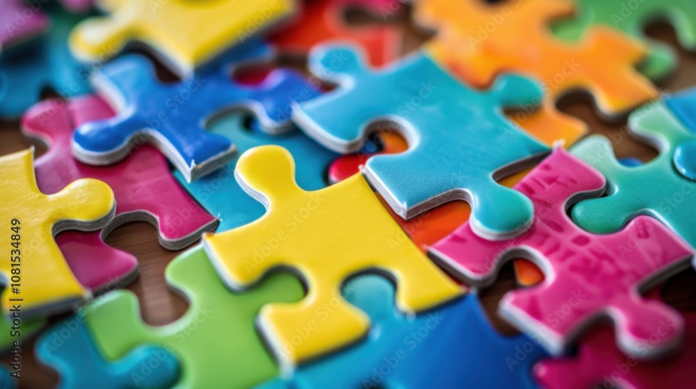 Poster A vibrant network of interconnected puzzle pieces with different colors and patterns, Symbolizing the intricate connections and diversity within a community, minimalist style