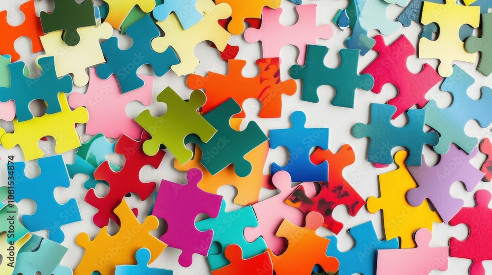 Poster A vibrant network of interconnected puzzle pieces with different colors and patterns, Symbolizing the intricate connections and diversity within a community, minimalist style