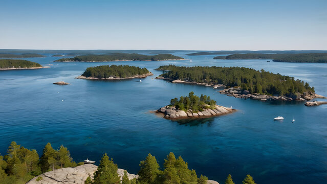 Scenic view of a Swedish archipelago on a sunny summer day, with small rocky islands covered in pine trees and boats navigating the clear blue waters