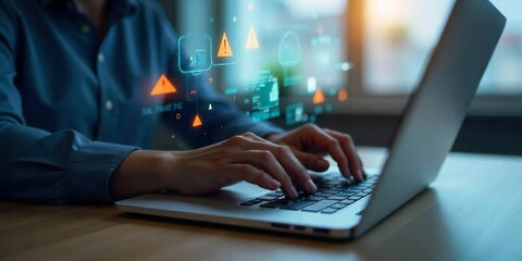 In an office environment, a person is typing on a laptop with holographic warning symbols on screen to demonstrate the concept of cybersecurity threats.