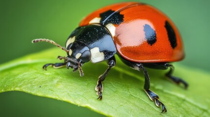 Fototapeta premium A close-up of a ladybug on a green leaf.