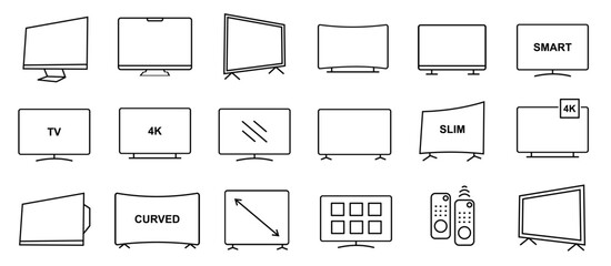 Smart TV icons set, contain such icon as monitor, screen, 4K, HD, Curve, Slim TV LED, Remote, and more. editable file