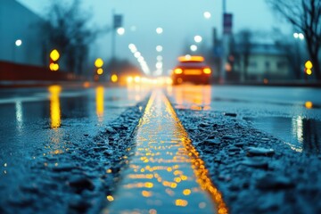 Wet asphalt road with blurred city lights in the background after rain.