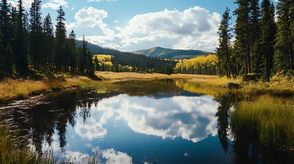 Fototapeta premium Tranquil mountain lake with reflection of blue sky and clouds, green trees, and golden grass