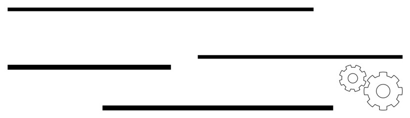 Obraz premium Black horizontal lines of varying lengths and two interlocking gears in the lower right corner. Ideal for process flow, progress tracking, mechanical systems, automation, engineering, project