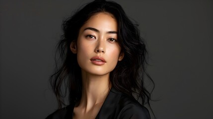 Naklejka premium Elegant Mixed-Race Japanese-Spanish Woman in Minimalist Portrait