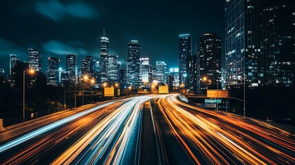 Obraz premium Night cityscape with long exposure traffic light trails on a highway in the city. Motion blur of colorful streaks of light and cityscape
