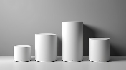 Minimalist arrangement of white cylindrical pedestals on a gray gradient background