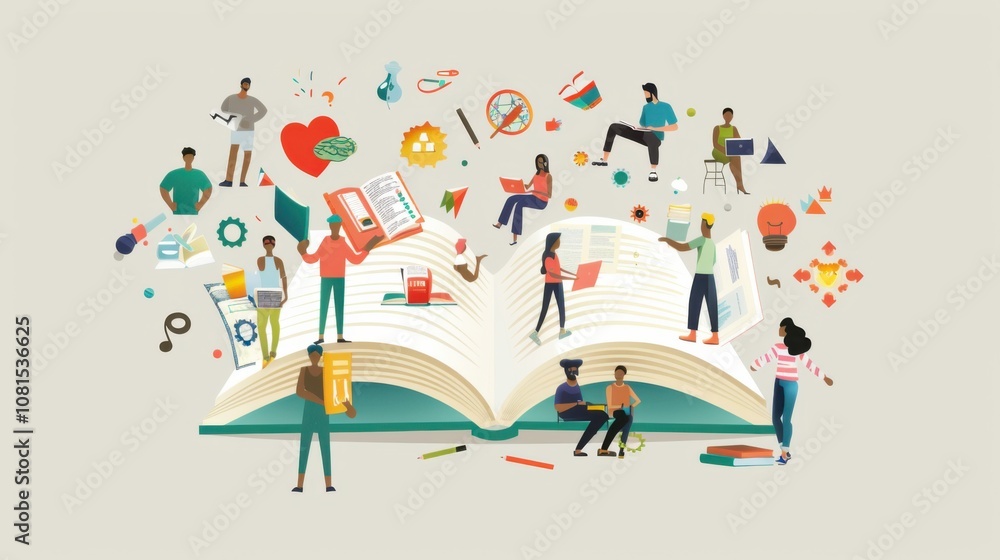 Poster a visual of a large, open book with pages featuring different cultural symbols, surrounded by a dive