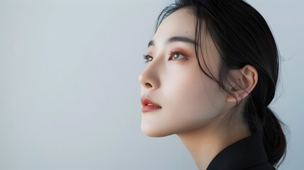 Fototapeta premium Japanese-Spanish Mixed CEO in Sideview Studio Portrait with Minimalist Background