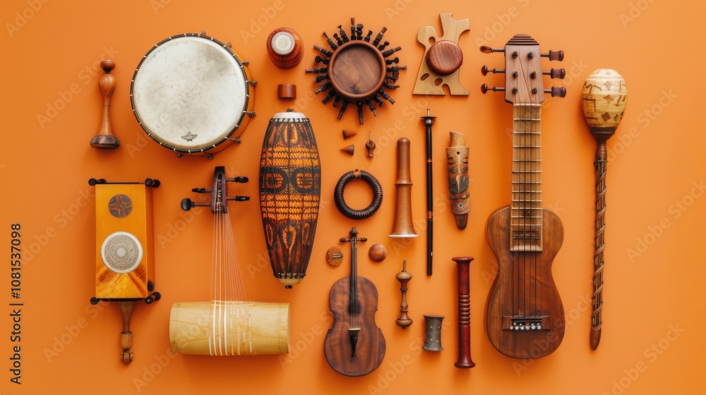 Poster A visual of various musical instruments from different cultures arranged in a harmonious composition, Symbolizing the unity and diversity of artistic expression, minimalist style