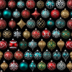 High-End Christmas Ornaments &ndash; Opulent Red, Green, and Blue Balls with Metallic Tops and Elegant Patterns, Featuring Glitter, Snowflakes, and Filigree on a Rich Black Background