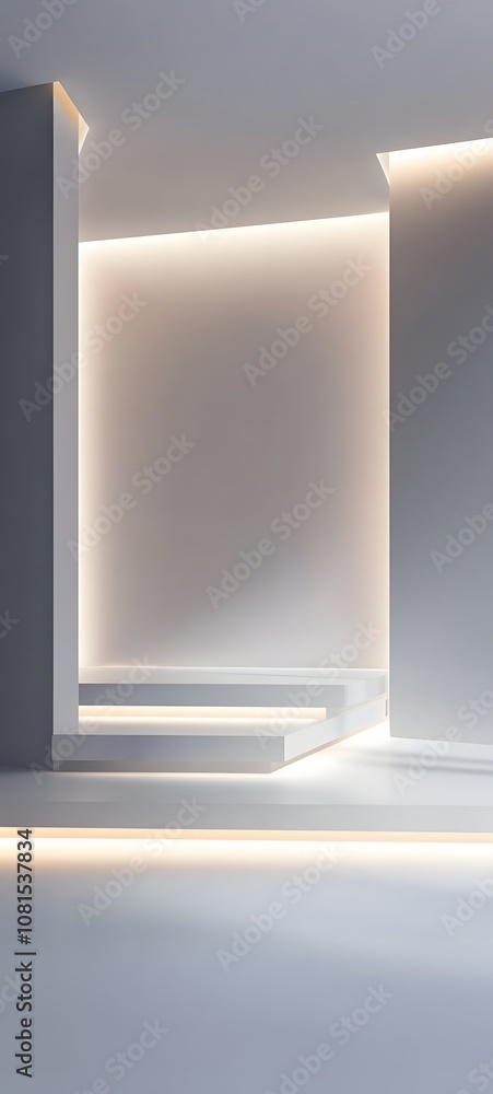Poster 1. a sleek white podium with soft lighting, creating an open and clean space for product showcasing.