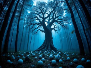 Creepy Deep Forest with a Barren Tree in the Middle and Spherical Stones Everywhere in a Blue Atmosphere Filled with Mist