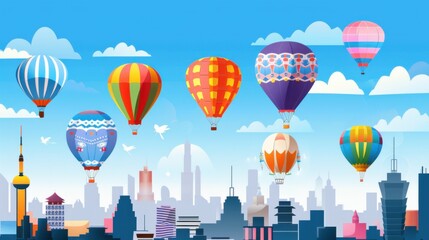 A vivid depiction of a colorful hot air balloon festival with balloons each featuring different cultural designs, floating over a diverse cityscape