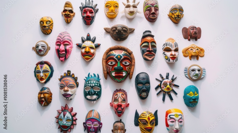 Poster a vivid depiction of a diverse array of cultural masks arranged in a circle, with each mask uniquely