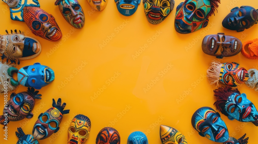 Poster a vivid depiction of a diverse array of cultural masks arranged in a circle, with each mask uniquely