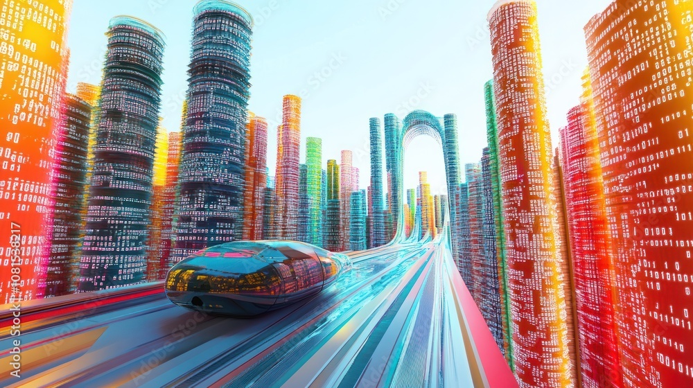 Poster an abstract highway cutting through a city of digital towers made of cascading binary numbers.
