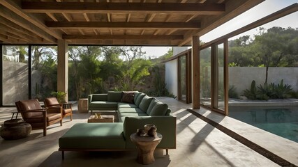 AI-generated sustainable urban house design with natural materials, community-focused spaces, unique lighting, varied landscapes, and eco-friendly textures for visual impact