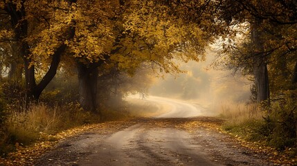Scenic winding road in a forest during autumn, with golden leaves, morning mist, and warm sunlight