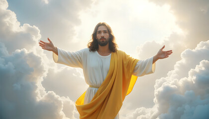 Jesus Christ with open arms, surrounded by heavenly clouds and sunlight, symbolizing divine love, hope, and faith. This serene image embodies Christian spirituality and the promise of salvation