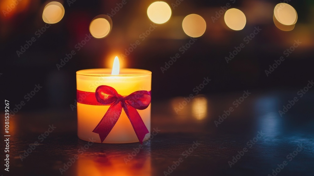 Poster lit candle with red ribbon bow on dark reflective surface, bokeh lights in background