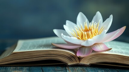 Open book with blooming lotus flower on it, symbolizing knowledge and purity