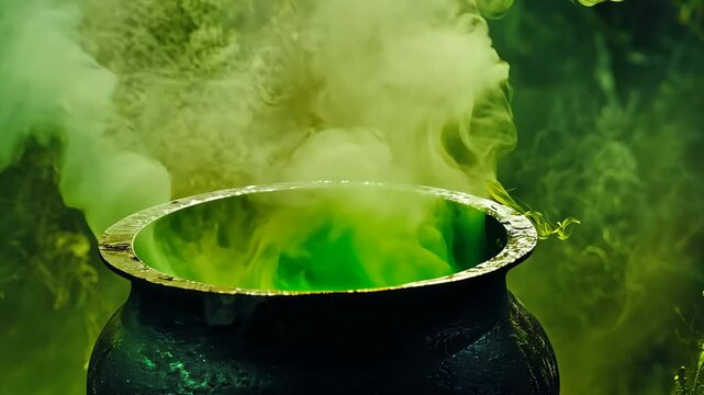 Black cauldron with green smoke in a