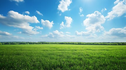 Fototapeta premium Green grass field under a bright blue sky with fluffy white clouds, serene and peaceful nature scenery. 