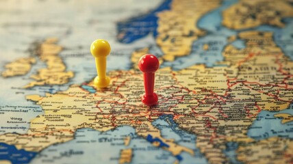 Two colorful pins mark locations on European map