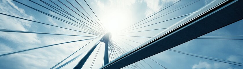 A striking view of a modern suspension bridge against a bright sky.