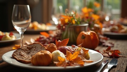 A beautifully arranged dining table features a hearty autumn meal with pumpkins, leaves, and warm lighting that creates an inviting atmosphere for a fall gathering Thanksgiving day concept