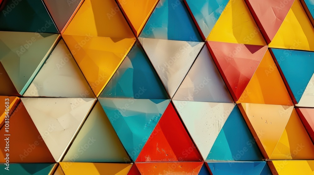 Poster Abstract colorful triangles arranged in a dynamic pattern, representing the diverse and multifaceted aspects of an inclusive society, minimalist style