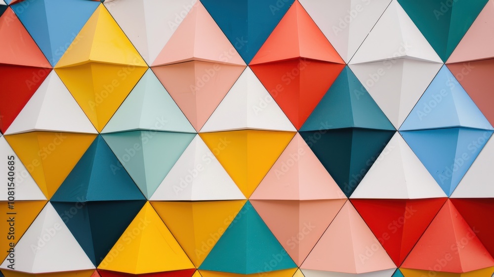 Poster Abstract colorful triangles arranged in a dynamic pattern, representing the diverse and multifaceted aspects of an inclusive society, minimalist style