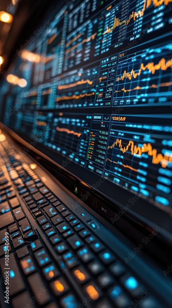 Poster detailed view of a financial trading interface with graphs and data.