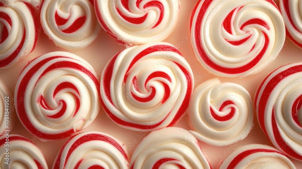 Poster close-up of red and white peppermint swirls in various circular patterns