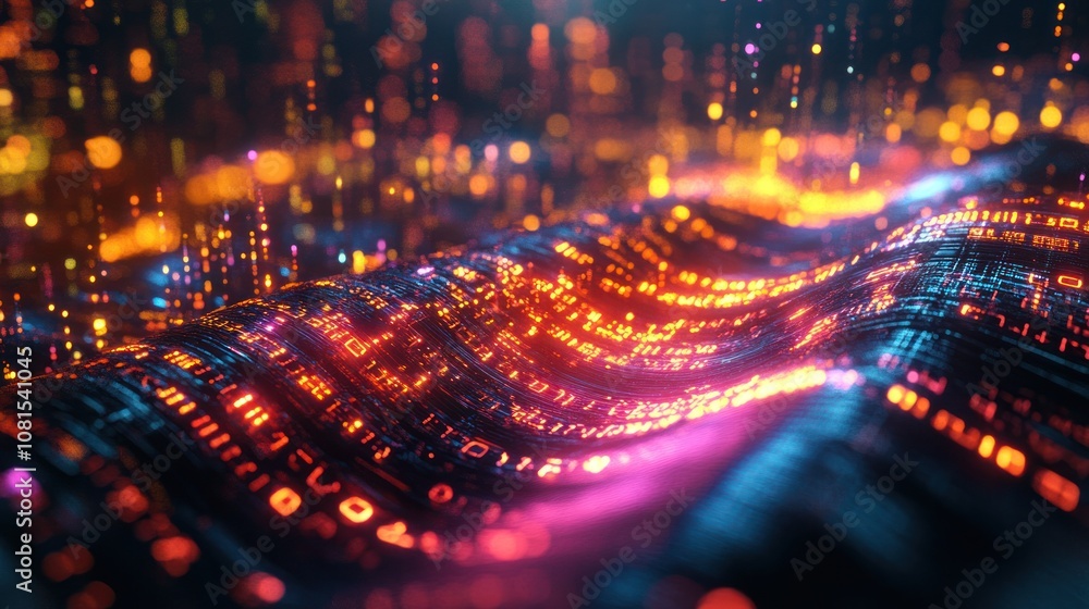 Poster a hot binary stream in a 3d environment, where glowing binary digits are depicted as flowing energy 