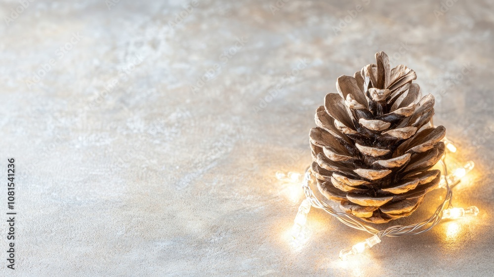 Poster pinecone with string lights on rustic surface
