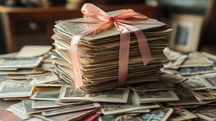 Stack of old photographs tied with pink ribbon