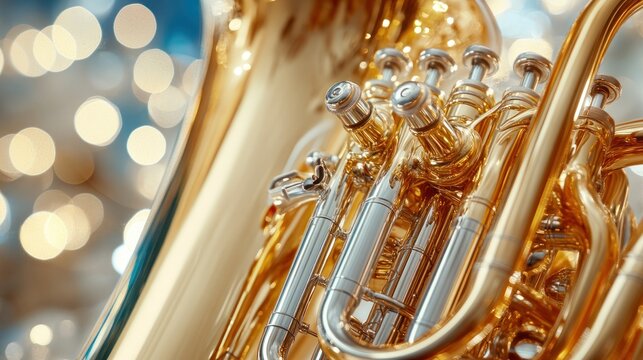 Golden euphonium with  blurred Christmas lights in the background.