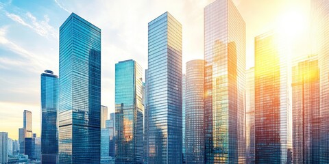 Obraz premium Modern skyscrapers reflecting sunlight in a vibrant urban landscape.