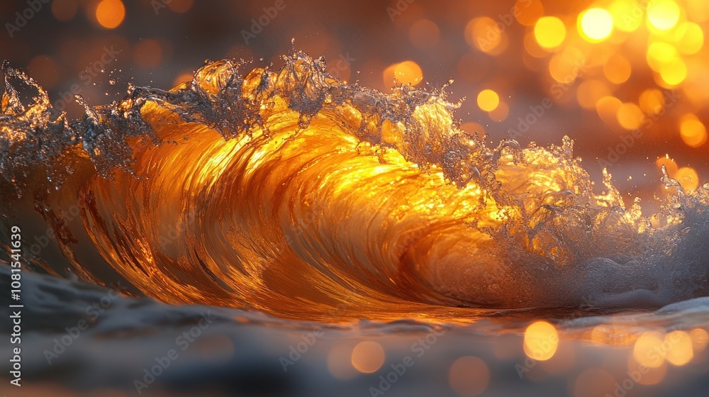 Poster golden wave crashing with bokeh lights.