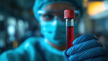 Doctor wearing medical gloves and mask, carefully holding a blood sample tube against a blurred background. Perfect for health, medical research, and laboratory concepts.