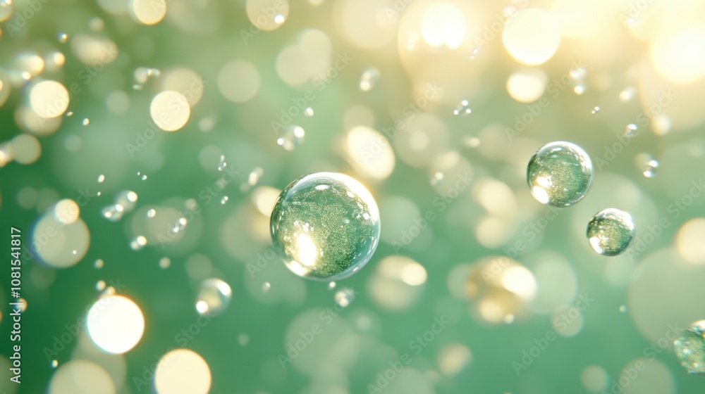 Poster beautiful shimmering bubbles floating in a dreamy green background with soft glowing orbs, creating 