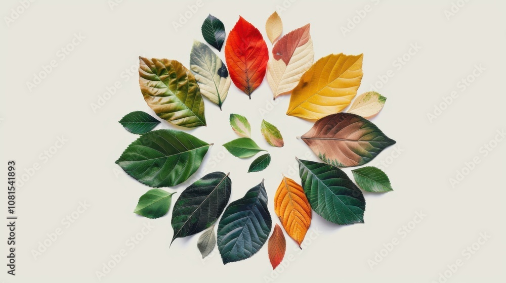 Poster An abstract composition of diverse leaves in various colors arranged in a circular pattern on a plain background, Illustrating ecological diversity and integration, photography style
